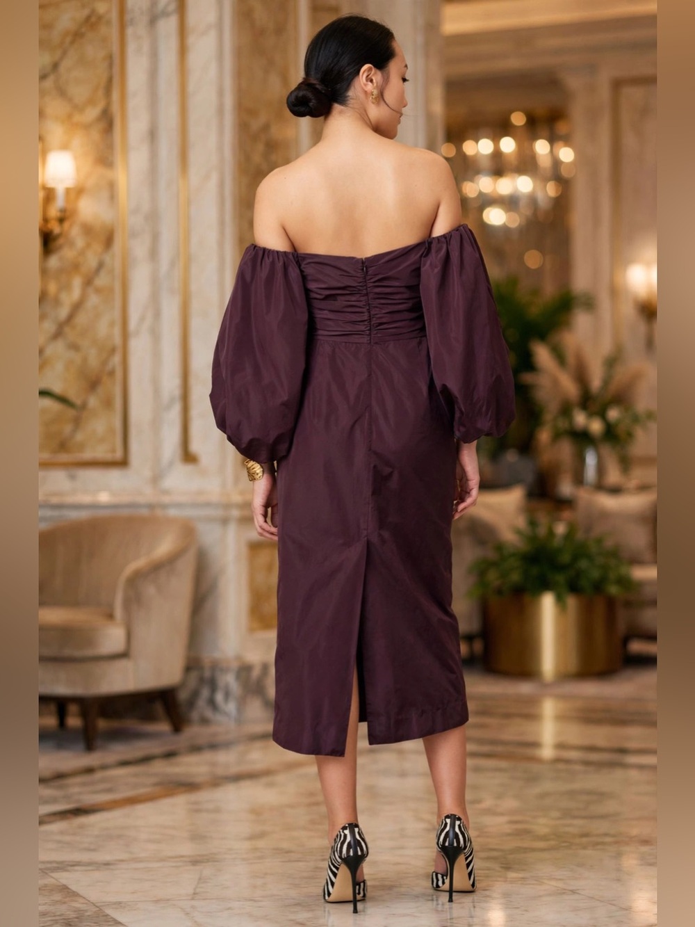 Tanya Taylor Charlotte dress Elegant Puff-Sleeve Midi Dress in Deep Plum size 10 - Picture 3 of 12